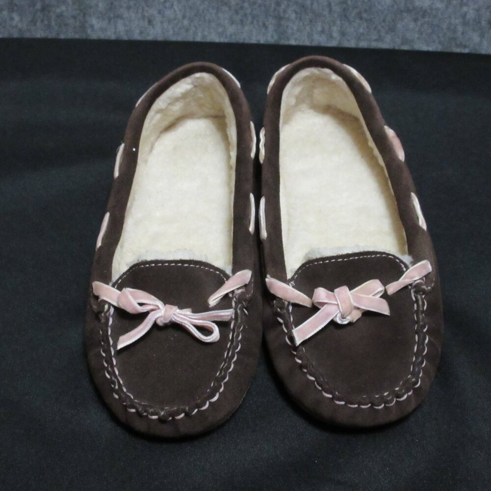 L.L. Bean Suede Leather Shearling Slippers Ribbon Womens 7